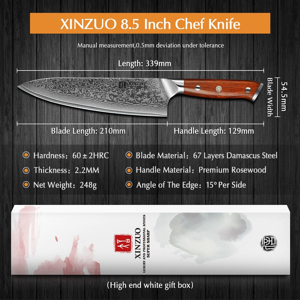 XINZUO 8.5 Inch Chef Knives High Carbon VG10 67 Layer Damascus with Rosewood Handle