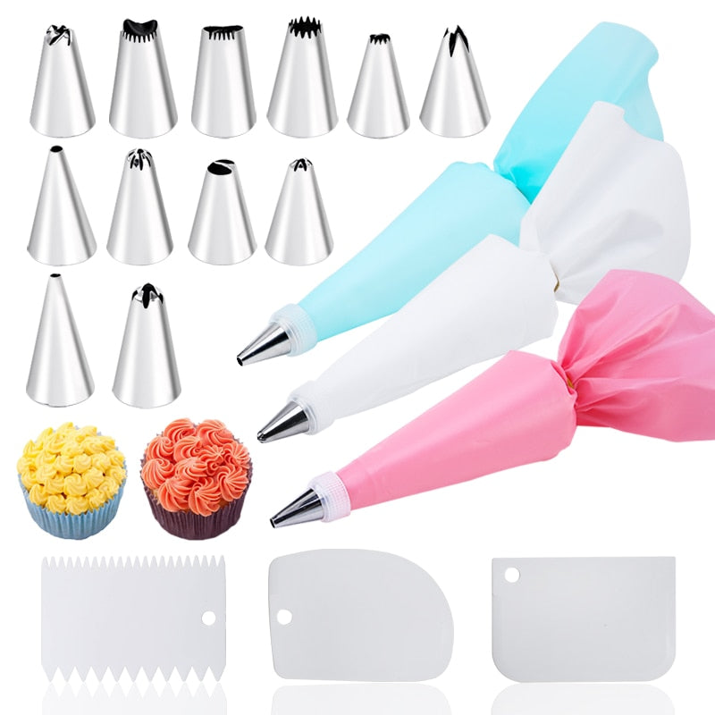 16/24 Pcs Set Pastry Bag and Stainless Steel Cake Nozzle Kitchen Accessories For Decorating Bakery Confectionery Equipment