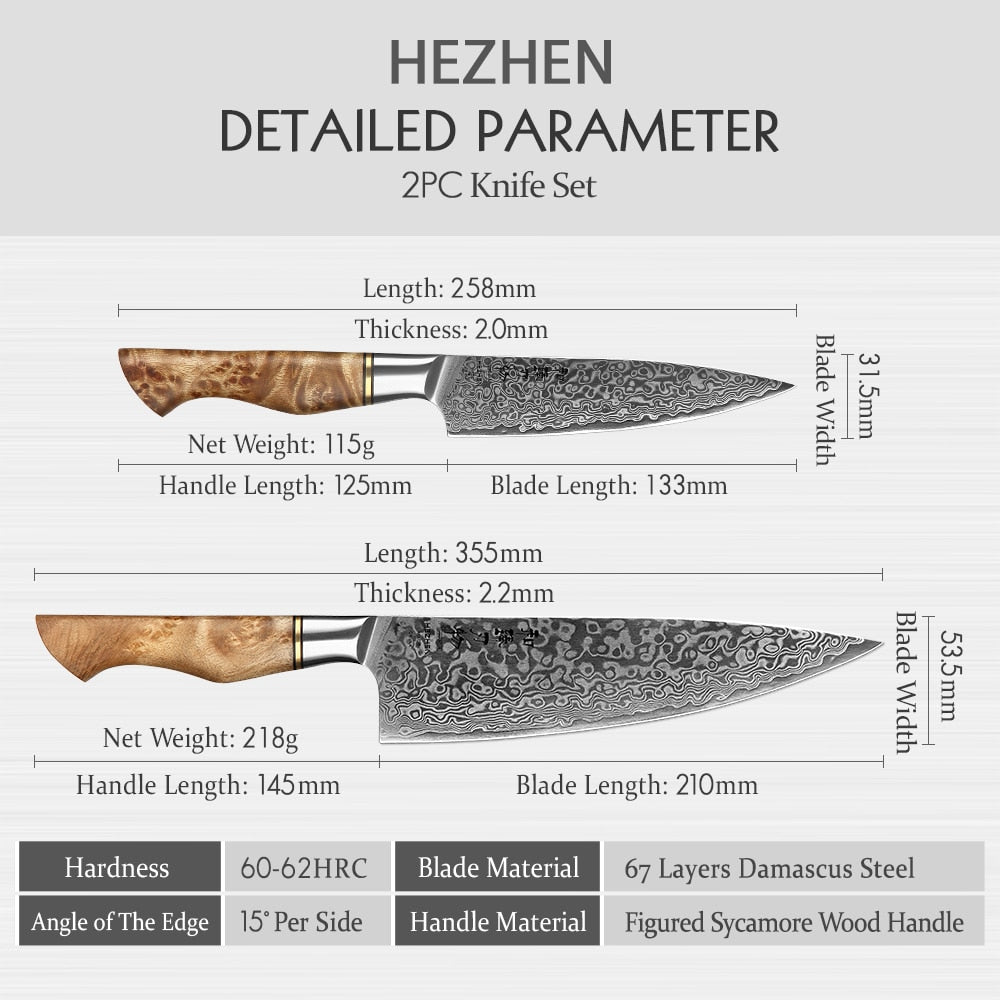 HEZHEN 2PC Chef Knife Set 67 Layer Damascus Super Steel Professional Japanese Knife