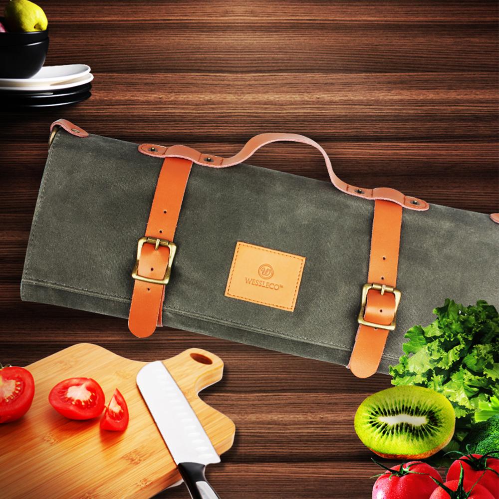 WESSLECO Chef Knife Bag Canvas Roll Carry Case Kitchen Cooking Portable Durable Storage with 11 Pockets