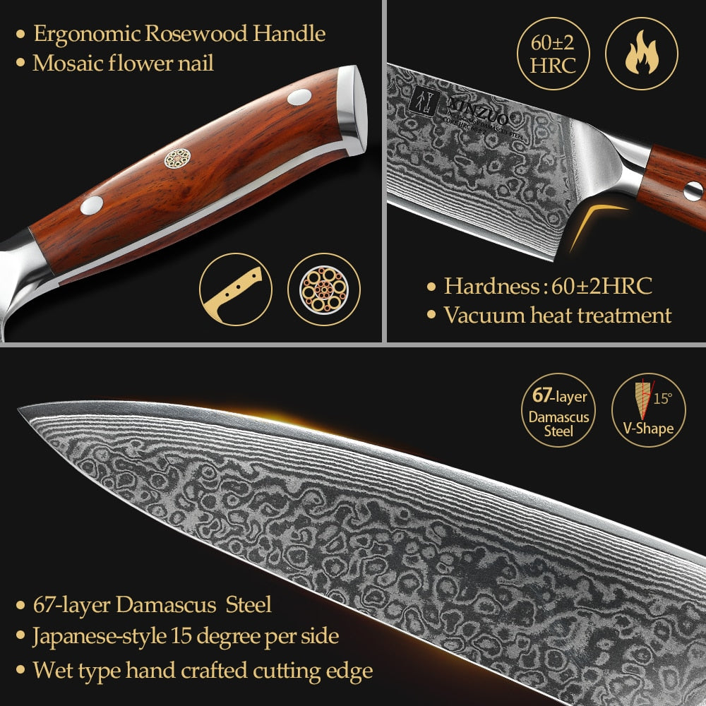 XINZUO 8.5 Inch Chef Knives High Carbon VG10 67 Layer Damascus with Rosewood Handle