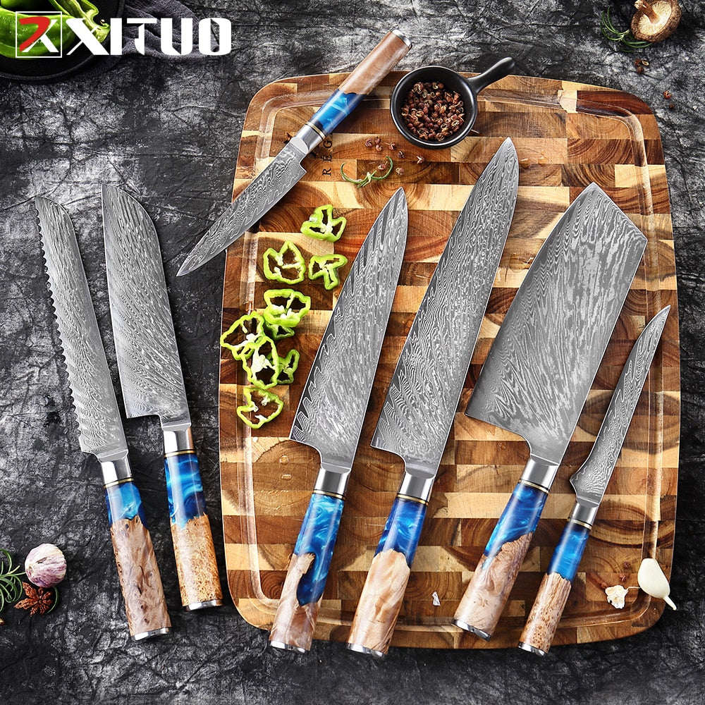 Damascus Steel Kitchen Knife -VG10 3/5/7 pc set -Chef Knife Cleaver Paring Bread Knife Blue Resin and Color Wood Handle