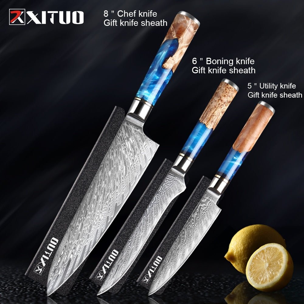 Damascus Steel Kitchen Knife -VG10 3/5/7 pc set -Chef Knife Cleaver Paring Bread Knife Blue Resin and Color Wood Handle