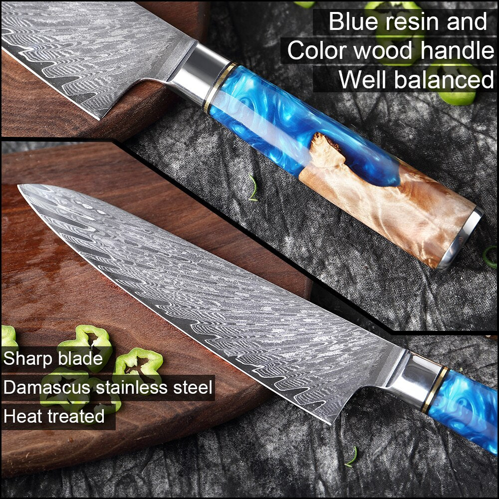 Damascus Steel Kitchen Knife -VG10 3/5/7 pc set -Chef Knife Cleaver Paring Bread Knife Blue Resin and Color Wood Handle