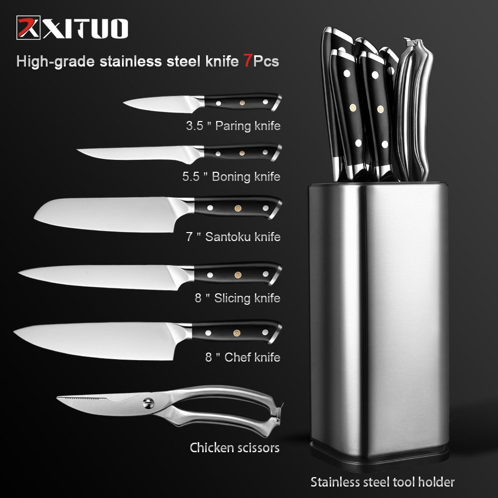 XITUO German Stainless Steel Kitchen Knife 1-7PCS Chef Knife Sharp Santoku Knife Cleaver Paring Knives Boning