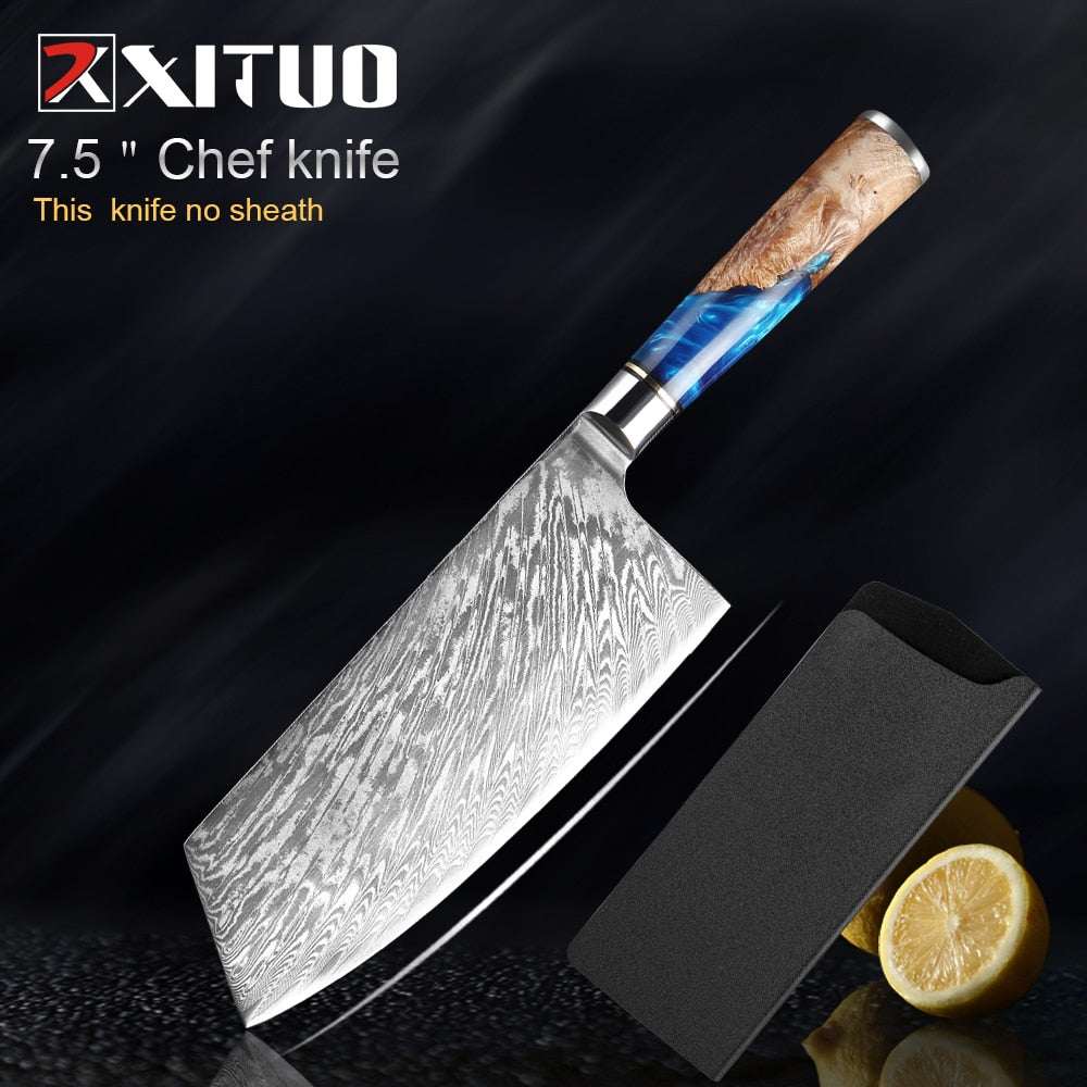 Damascus Steel Kitchen Knife -VG10 3/5/7 pc set -Chef Knife Cleaver Paring Bread Knife Blue Resin and Color Wood Handle