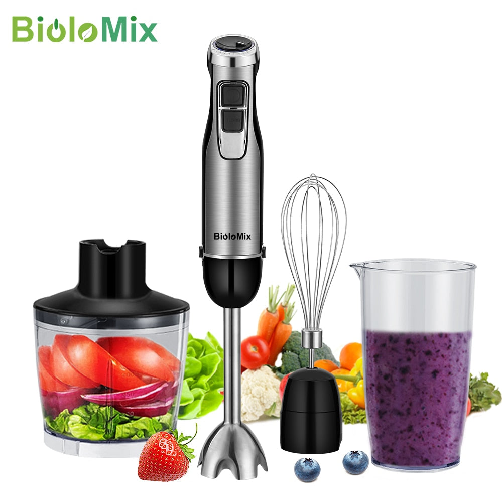 BioloMix 4 in 1 High Power 1200W Immersion Hand Stick Blender Mixer Includes Chopper and Smoothie Cup Stainless Steel Ice Blades