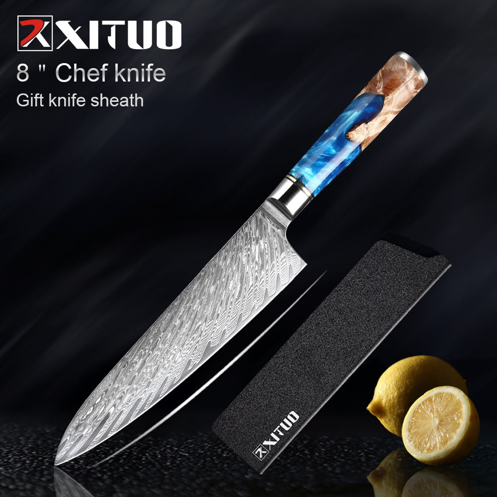 Damascus Steel Kitchen Knife -VG10 3/5/7 pc set -Chef Knife Cleaver Paring Bread Knife Blue Resin and Color Wood Handle