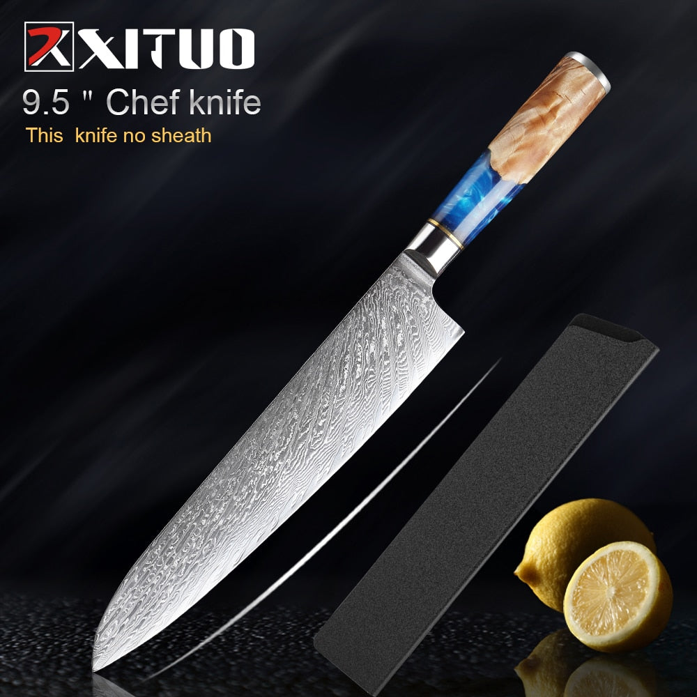 Damascus Steel Kitchen Knife -VG10 3/5/7 pc set -Chef Knife Cleaver Paring Bread Knife Blue Resin and Color Wood Handle