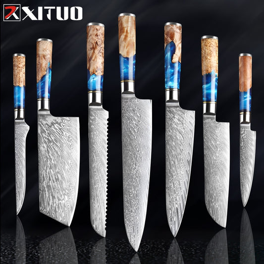 Damascus Steel Kitchen Knife -VG10 3/5/7 pc set -Chef Knife Cleaver Paring Bread Knife Blue Resin and Color Wood Handle