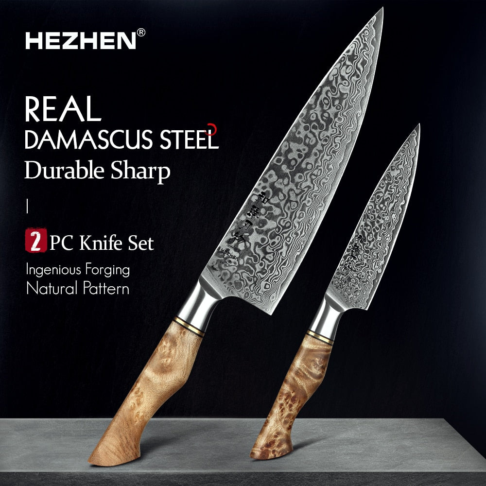 HEZHEN 7pcs Kitchen Knives Set Professional Forging Damascus High Carbon Steel Chef Knife Santoku Bread Knife Utility Knife Fruit Knife 3cr14