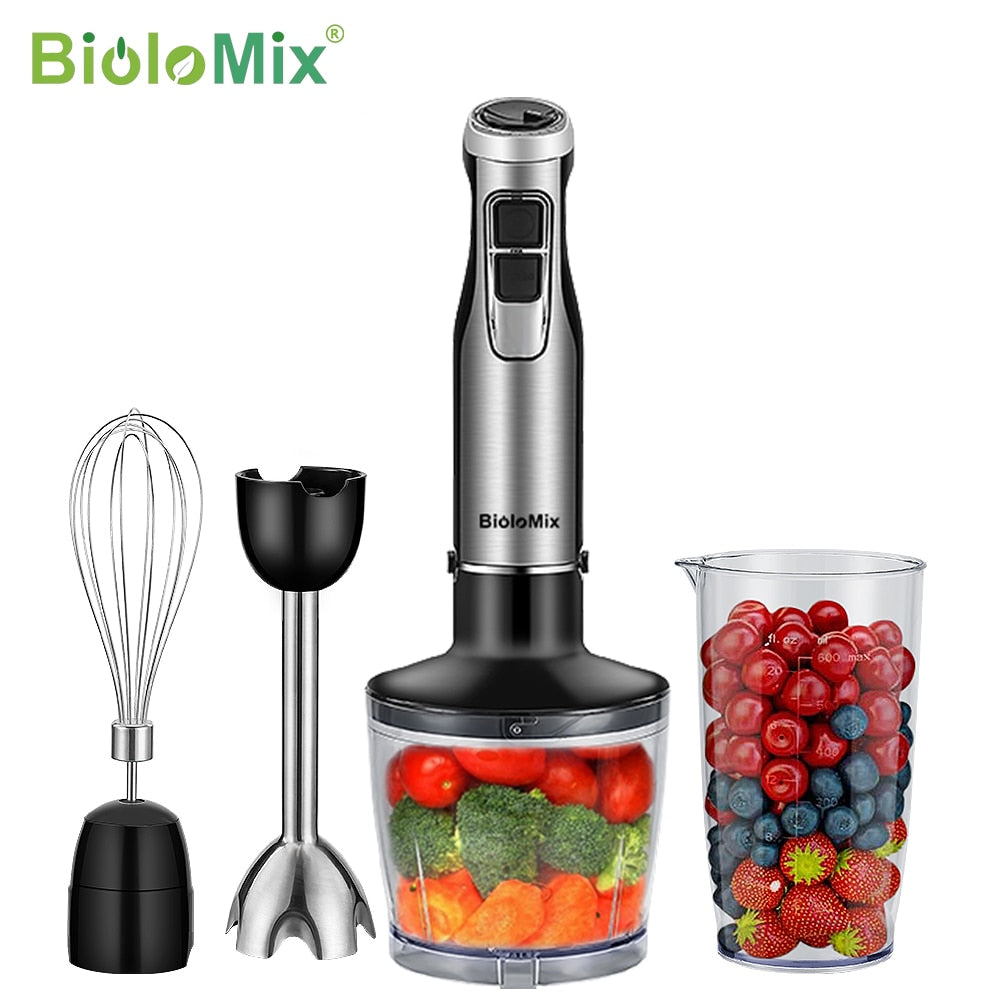 BioloMix 4 in 1 High Power 1200W Immersion Hand Stick Blender Mixer Includes Chopper and Smoothie Cup Stainless Steel Ice Blades