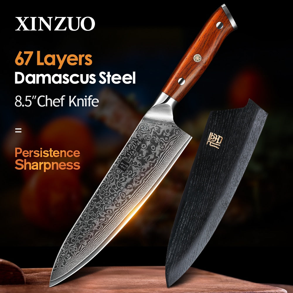 XINZUO 8.5 Inch Chef Knives High Carbon VG10 67 Layer Damascus with Rosewood Handle